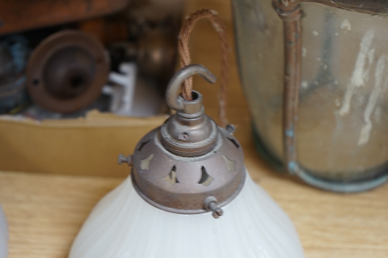 A copper hall lantern, other lighting and an Art Nouveau copper door plate. Condition - varies